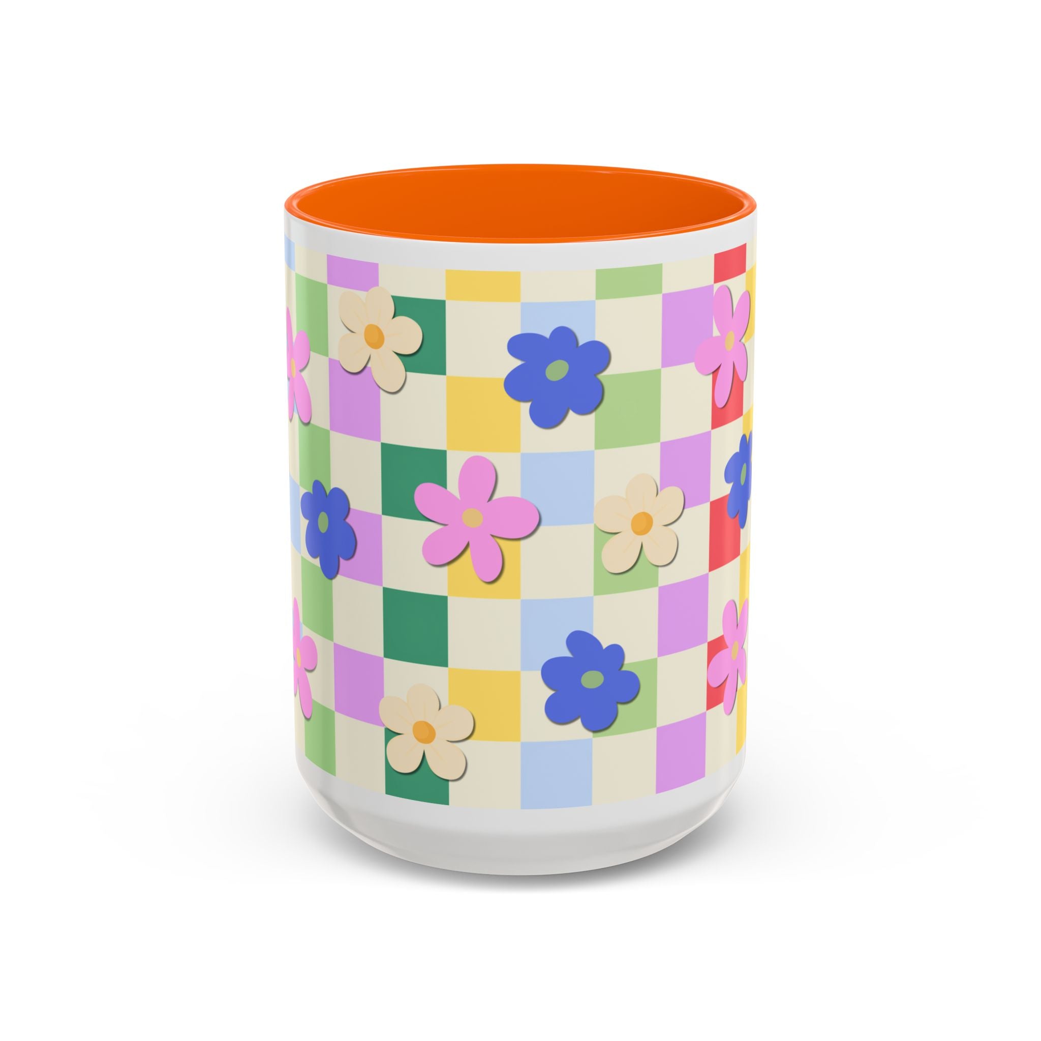 Floral Checkerboard Accent Coffee Mug — Colorful Retro Flower Pattern (11/15oz)