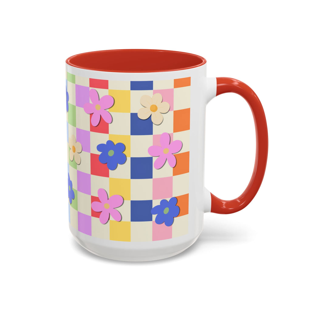 Floral Checkerboard Accent Coffee Mug — Colorful Retro Flower Pattern (11/15oz)