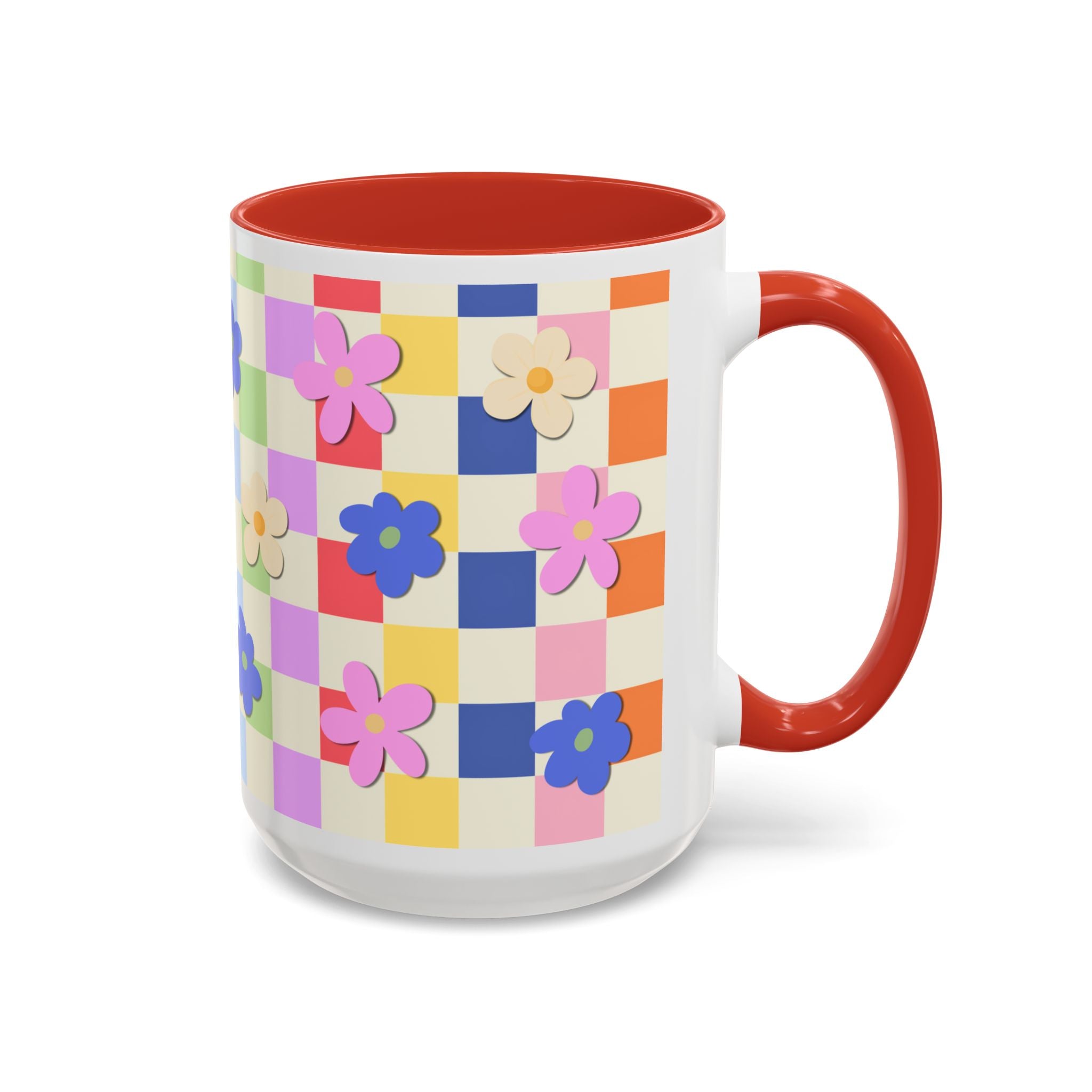 Floral Checkerboard Accent Coffee Mug — Colorful Retro Flower Pattern (11/15oz)