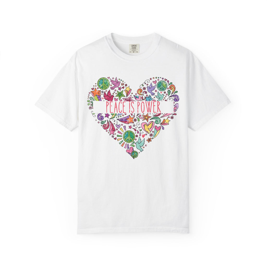 Peace Is Power Heart - distressed design doodle hears peace and doves t-shirt