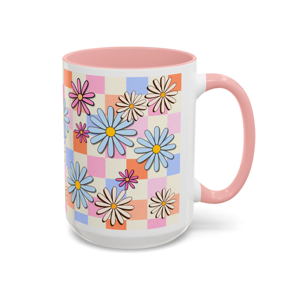 Retro Daisy Checkerboard Accent Coffee Mug — Colorful Floral Ceramic Gift
