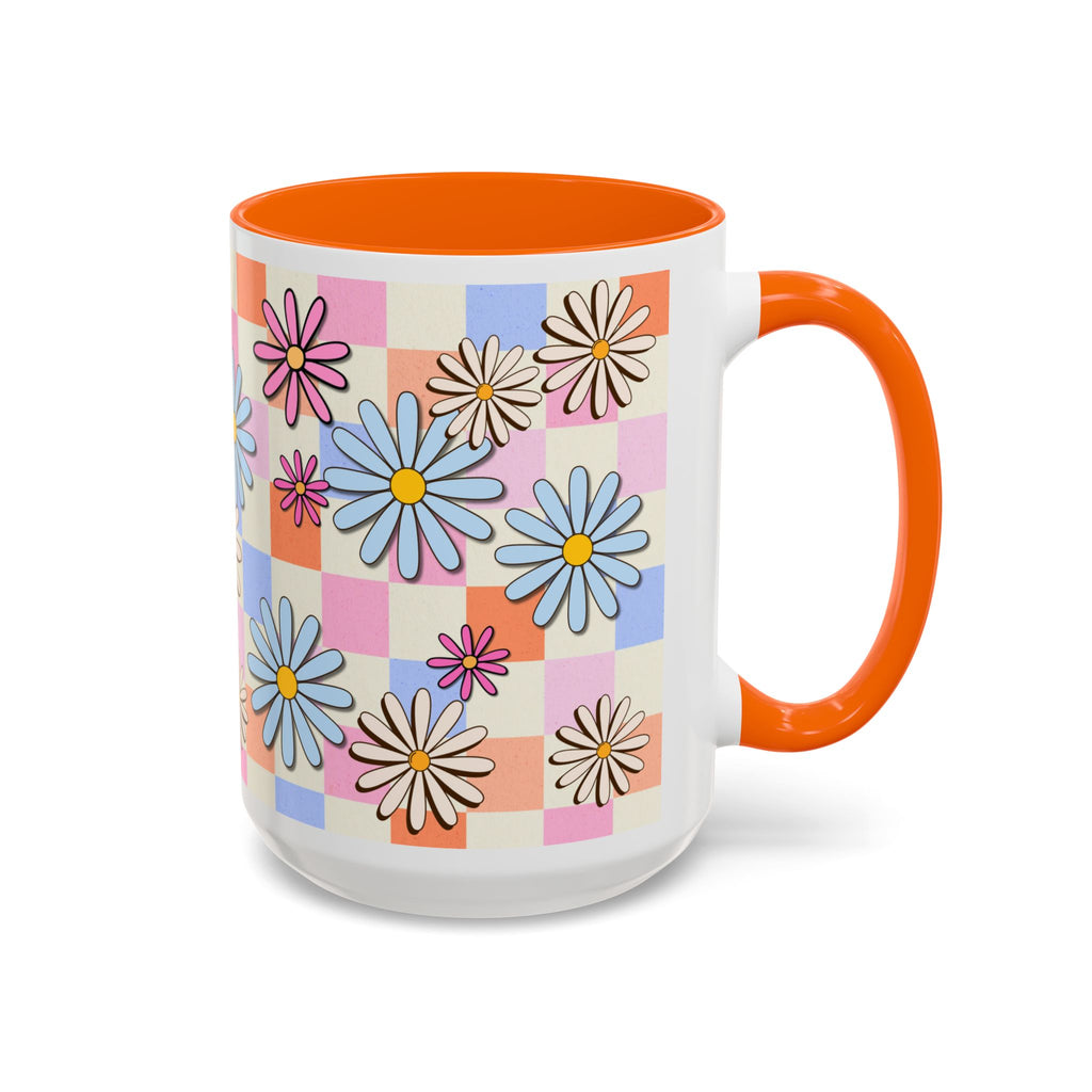 Retro Daisy Checkerboard Accent Coffee Mug — Colorful Floral Ceramic Gift