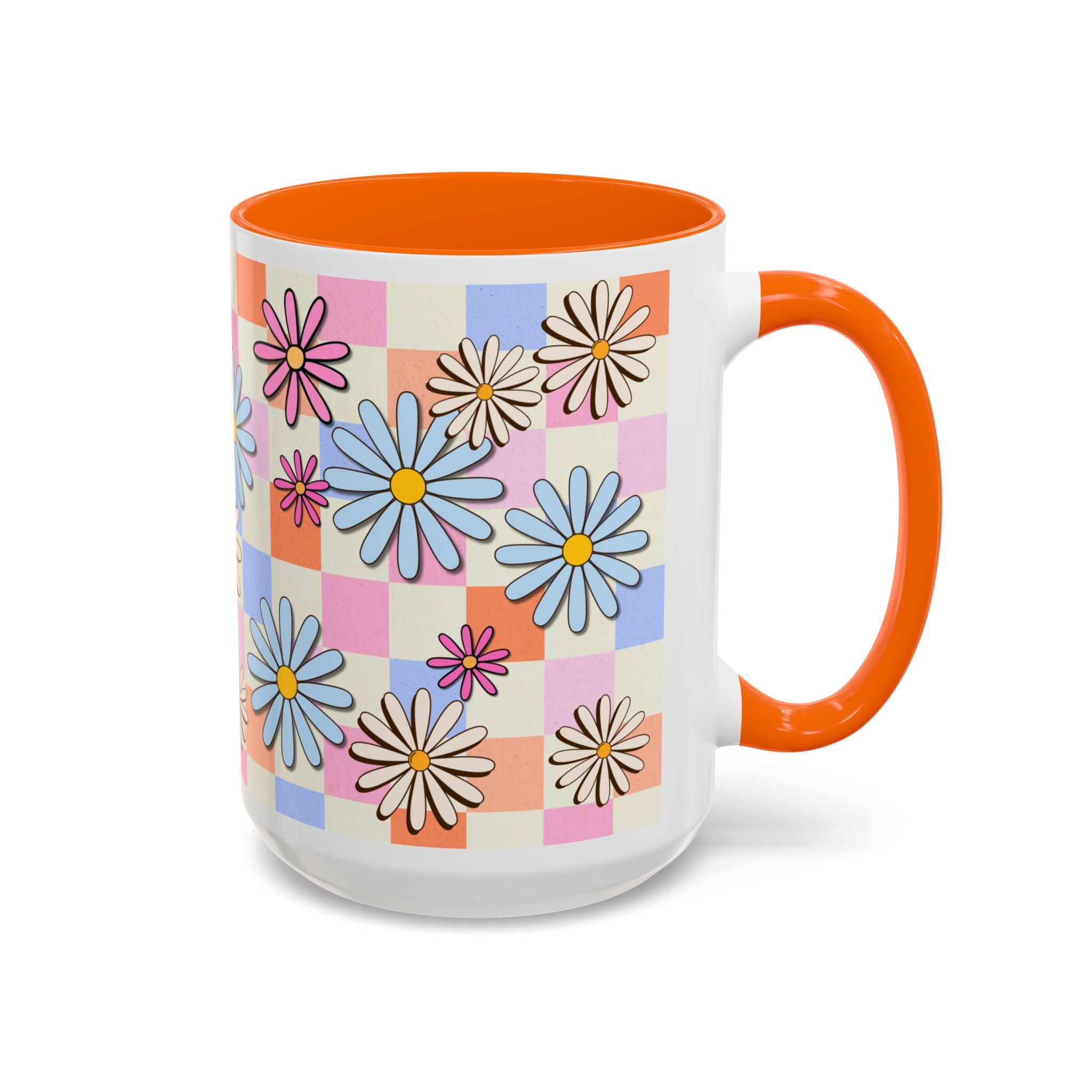 Retro Daisy Checkerboard Accent Coffee Mug — Colorful Floral Ceramic Gift