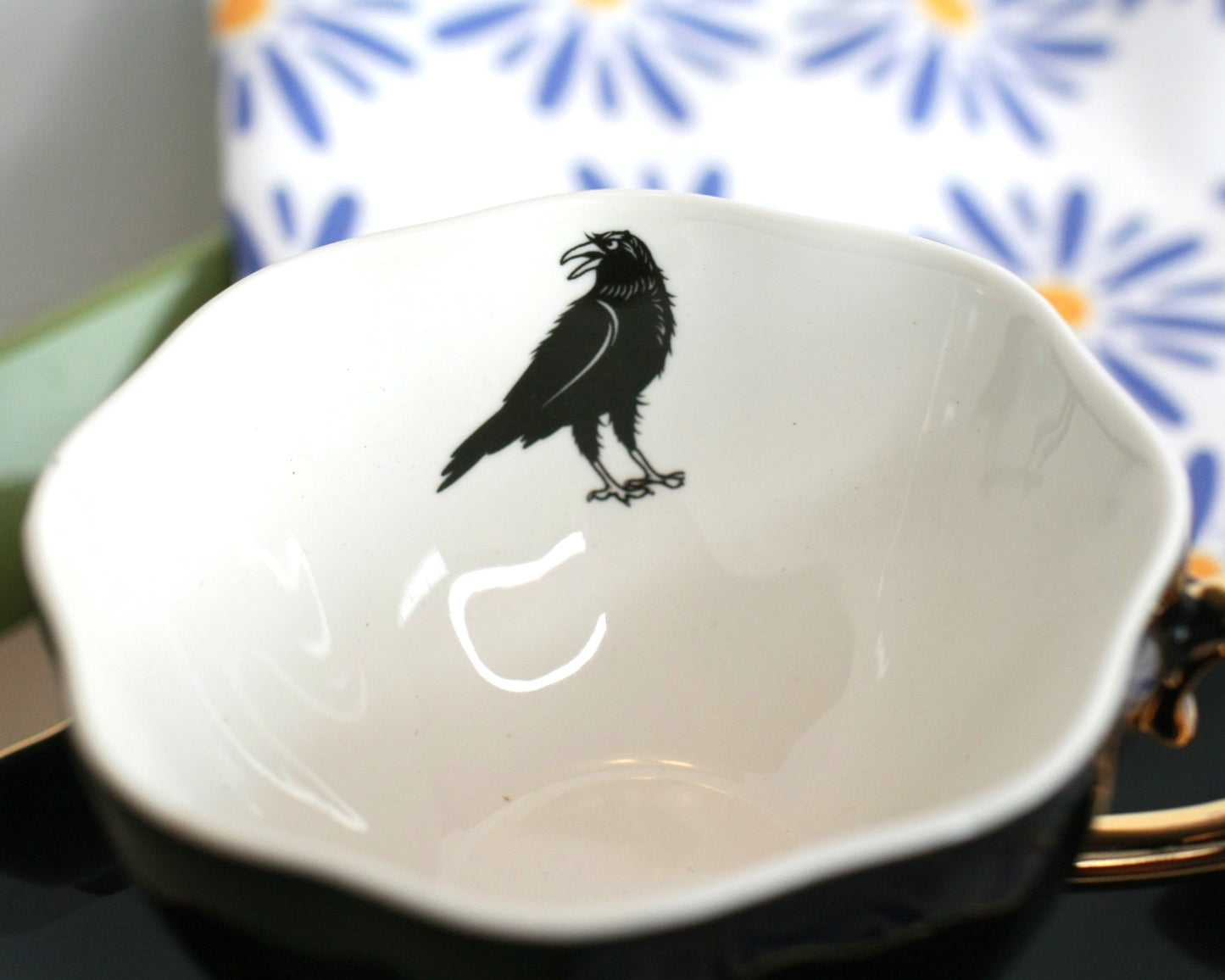 Black Raven Tea Cup and Saucer - porcelain 7.5 oz