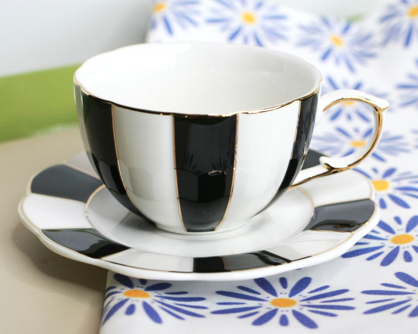 Black and White Stripe Porcelain teacup and saucer