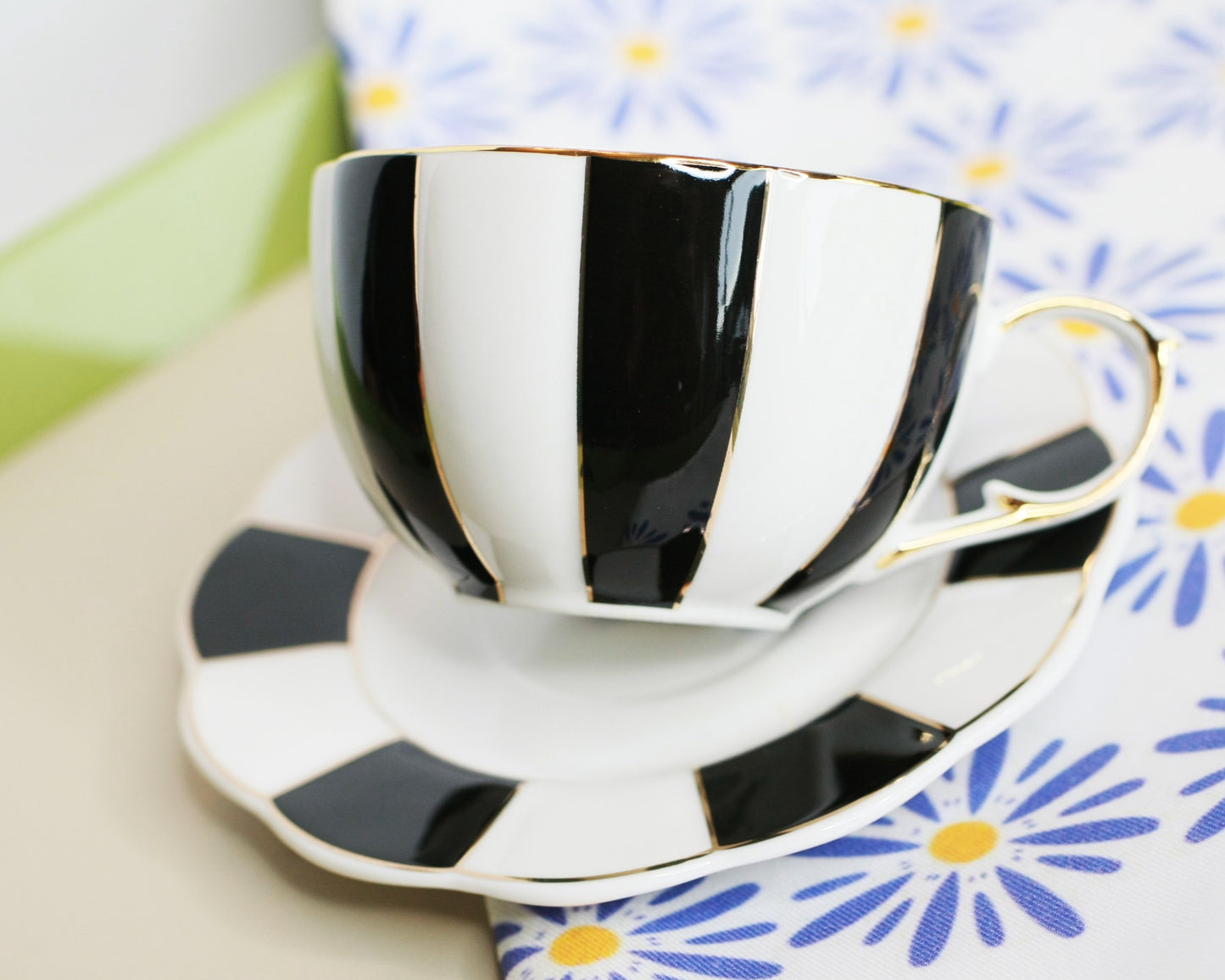 Black and White Stripe Porcelain teacup and saucer