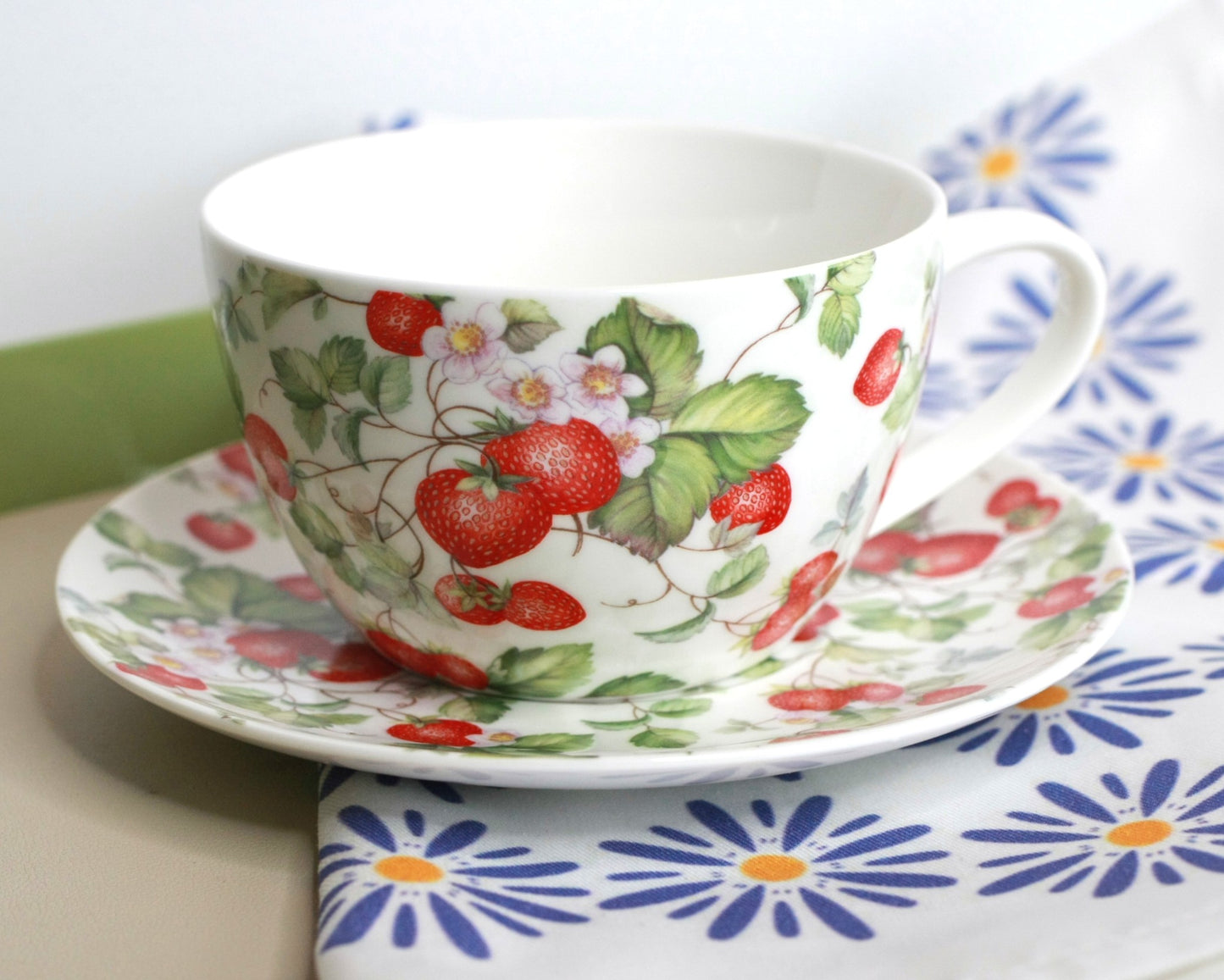 Strawberries Porcelain Cup and Saucer - jumbo 15 oz capacity