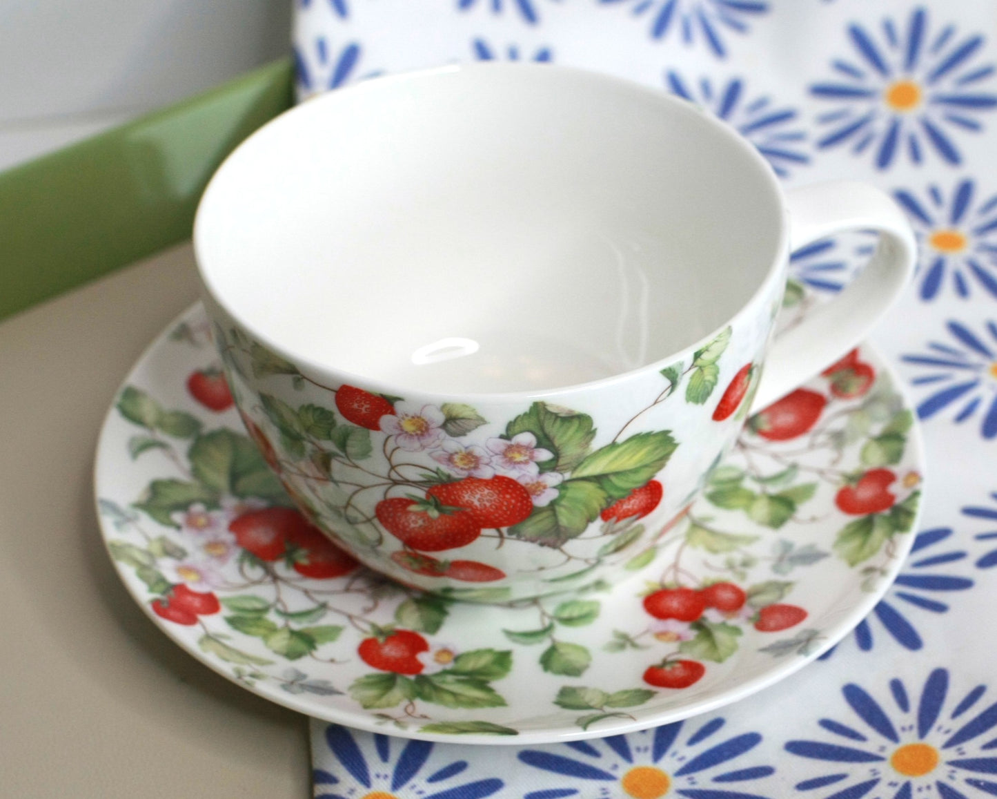 Strawberries Porcelain Cup and Saucer - jumbo 15 oz capacity