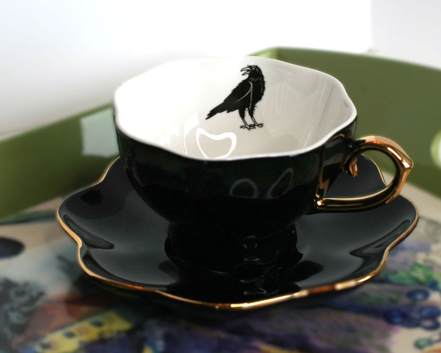 Black Raven Tea Cup and Saucer - porcelain 7.5 oz