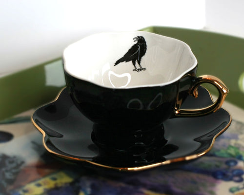Black Raven Tea Cup and Saucer - porcelain 7.5 oz