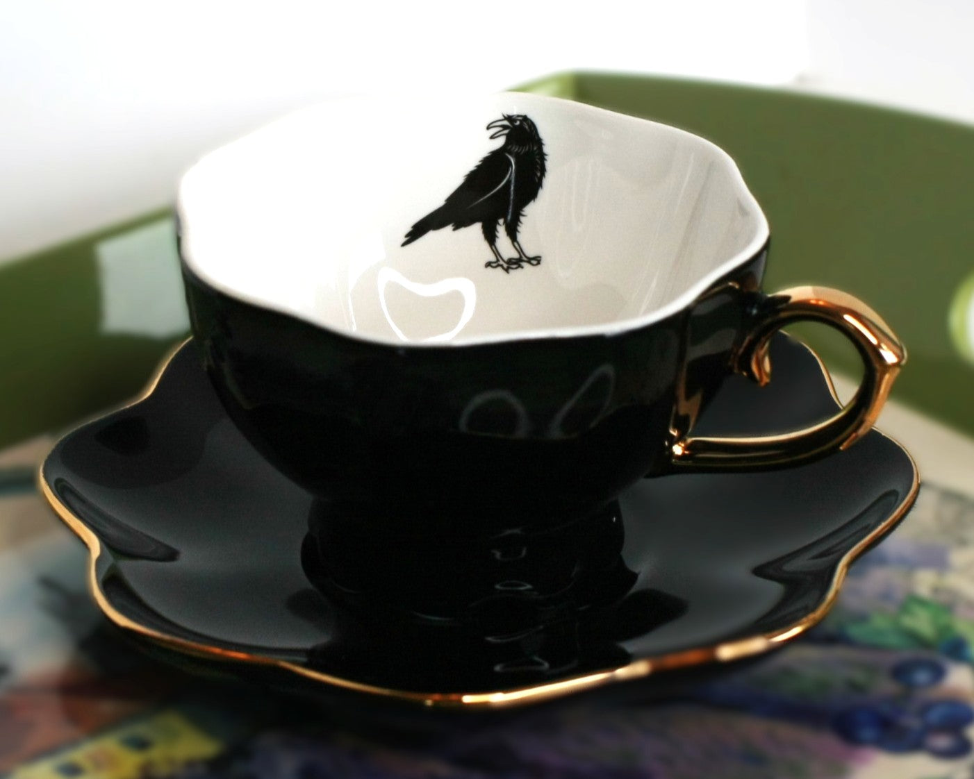 Black Raven Tea Cup and Saucer - porcelain 7.5 oz
