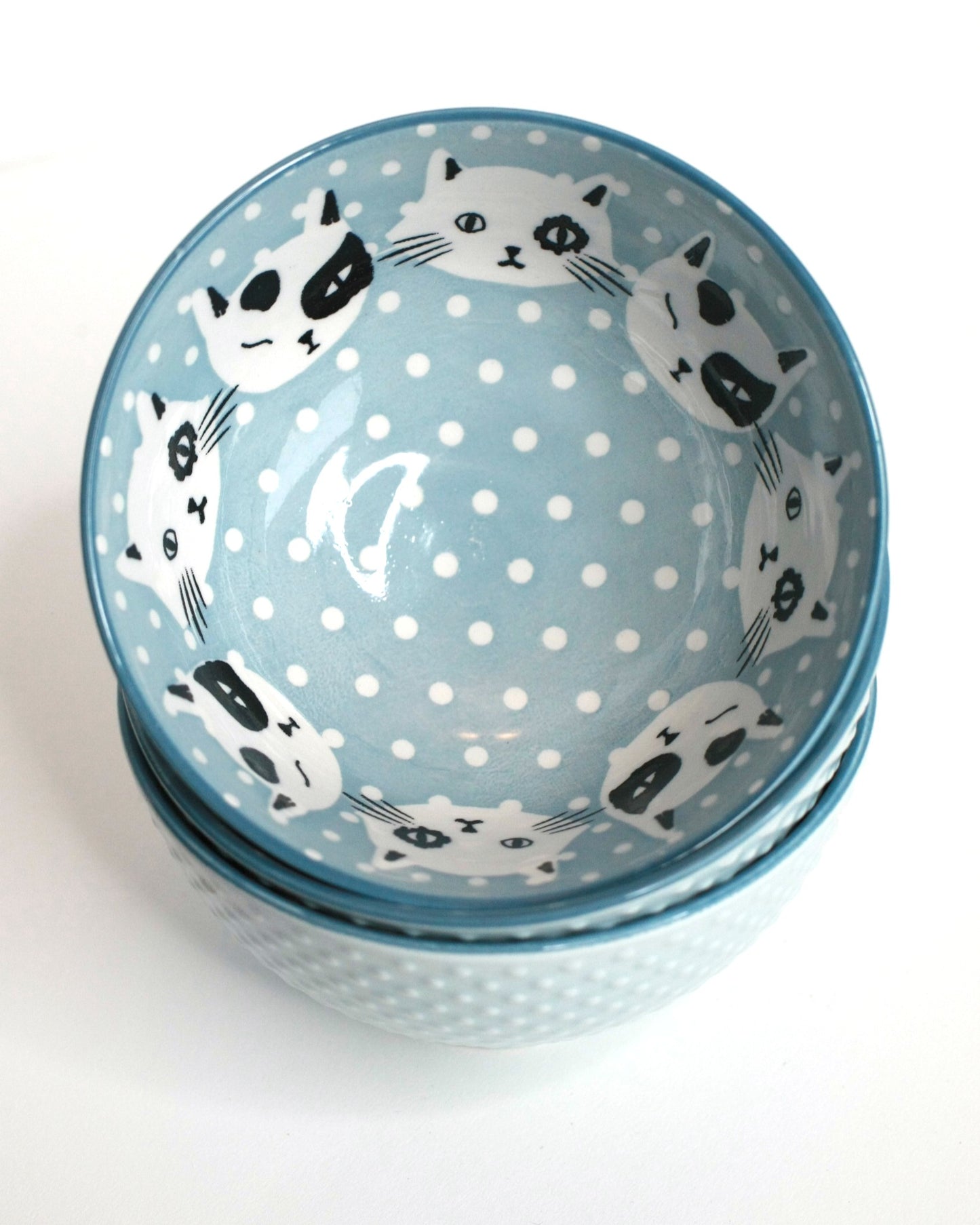 Pale blue bowl with black and white cats -Small 4.5 inch- single bowl