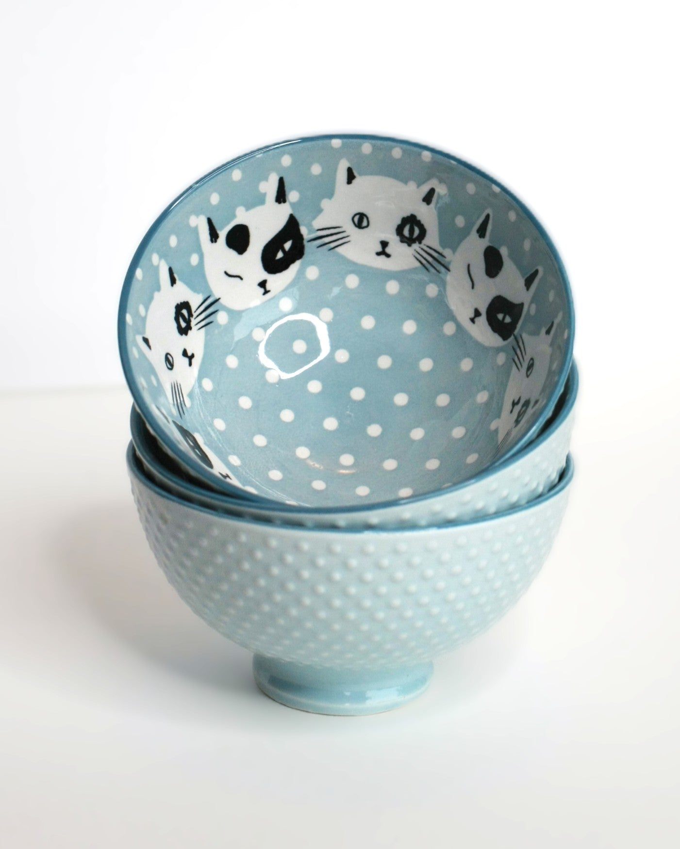 Pale blue bowl with black and white cats -Small 4.5 inch- single bowl