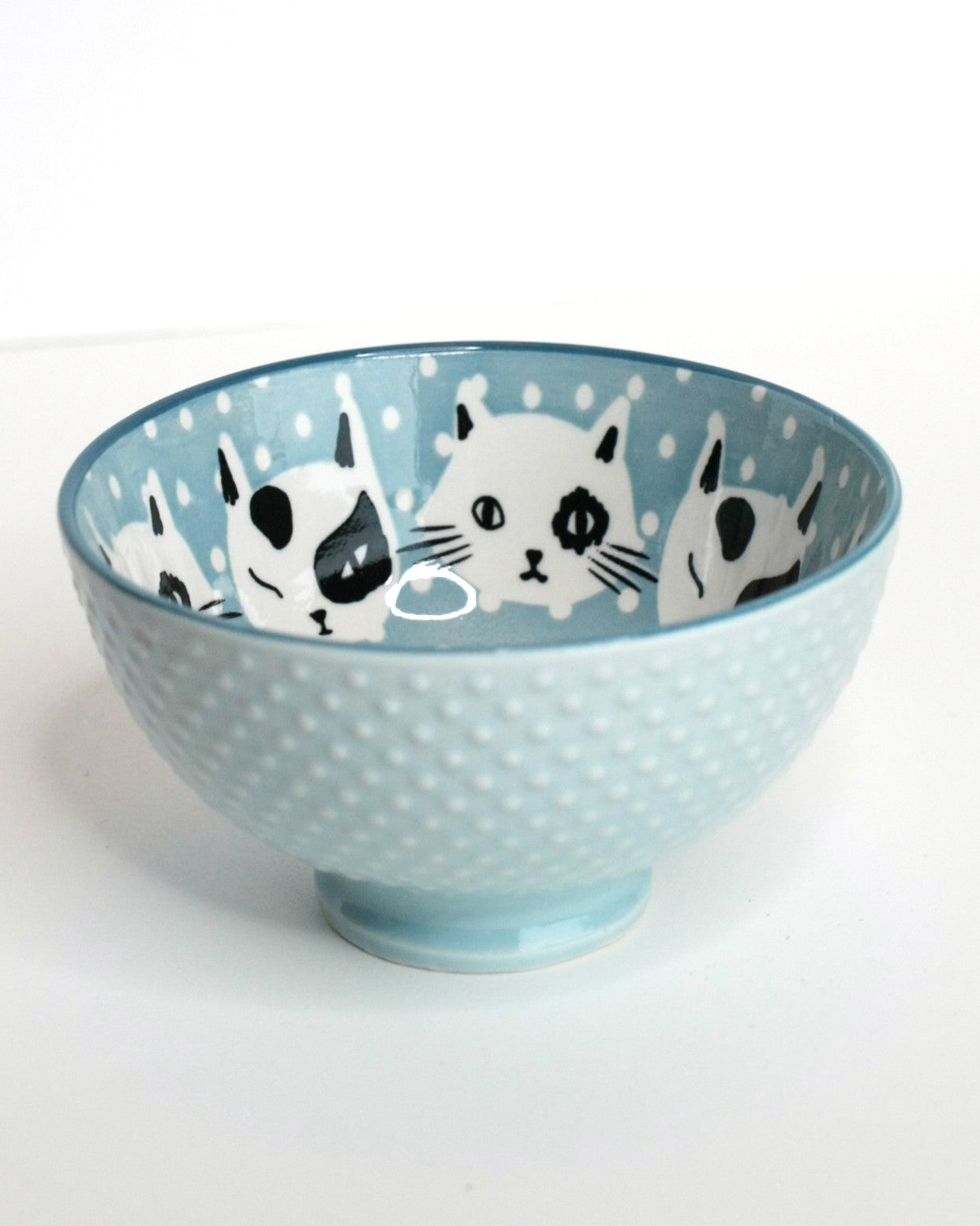 Pale blue bowl with black and white cats -Small 4.5 inch- single bowl