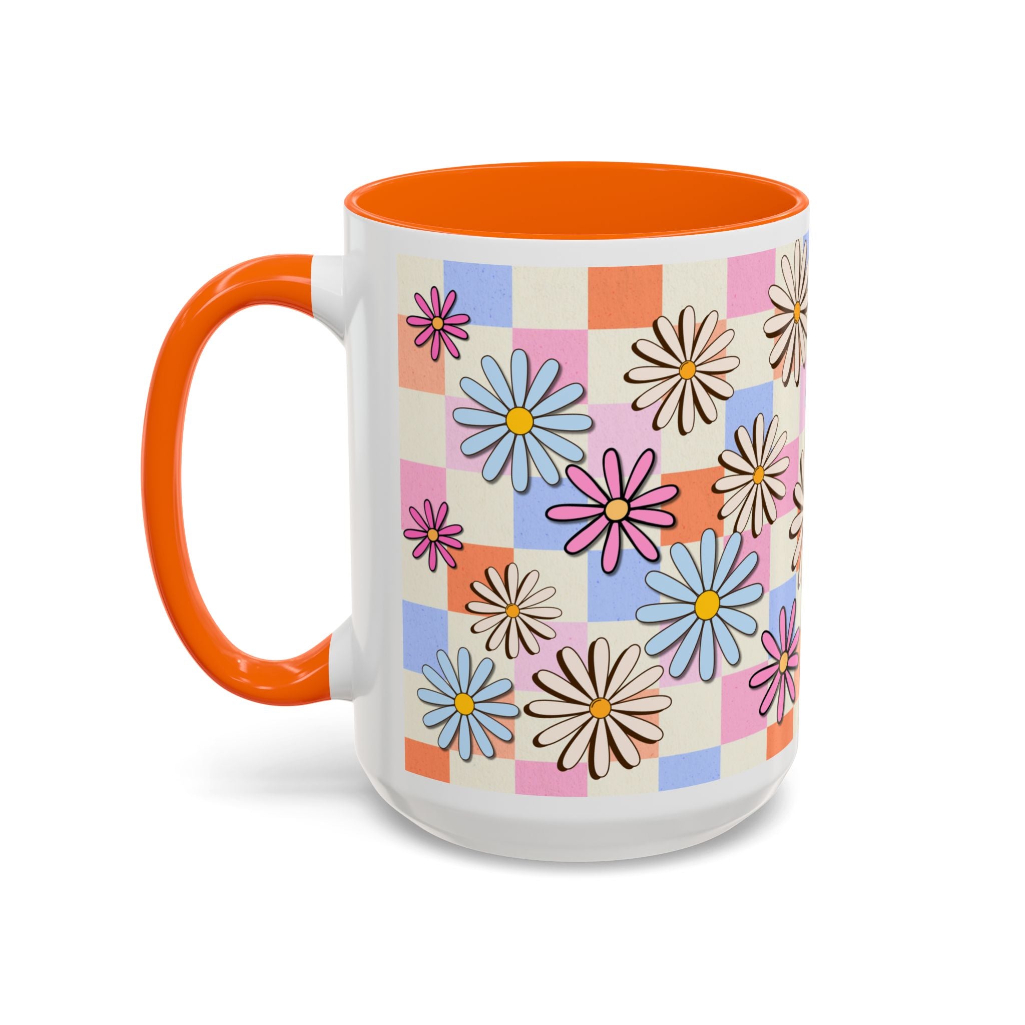 Retro Daisy Checkerboard Accent Coffee Mug — Colorful Floral Ceramic Gift