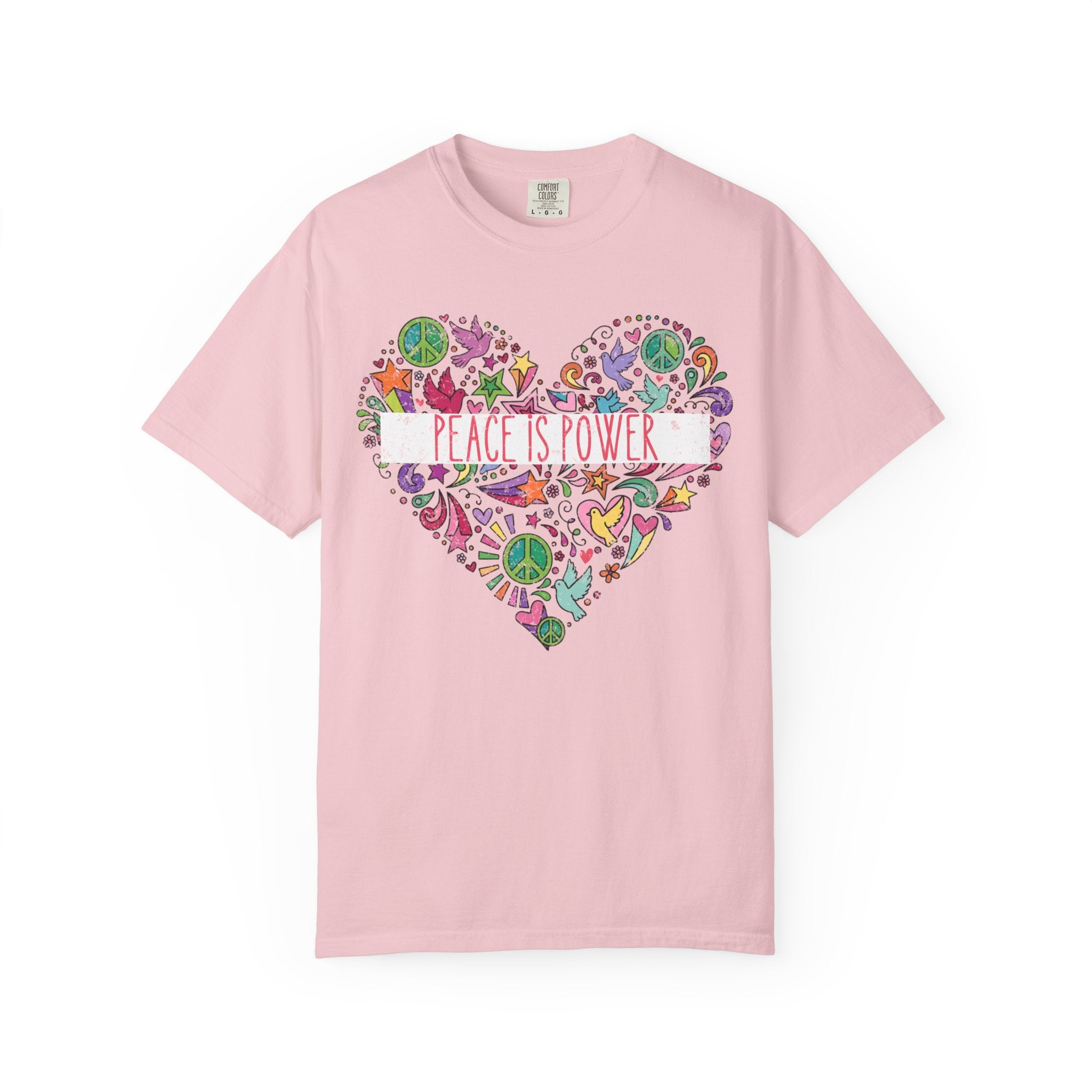Peace Is Power Heart - distressed design doodle hears peace and doves t-shirt