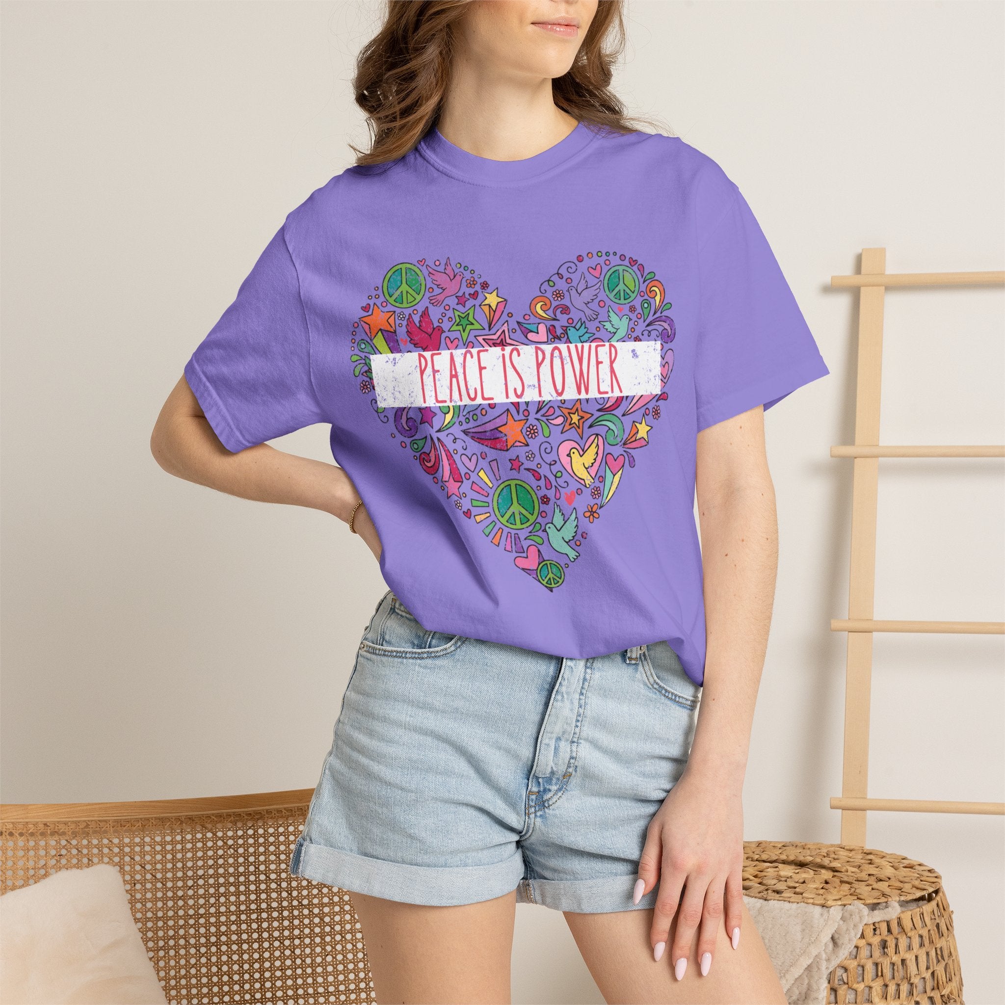 Peace Is Power Heart - distressed design doodle hears peace and doves t-shirt