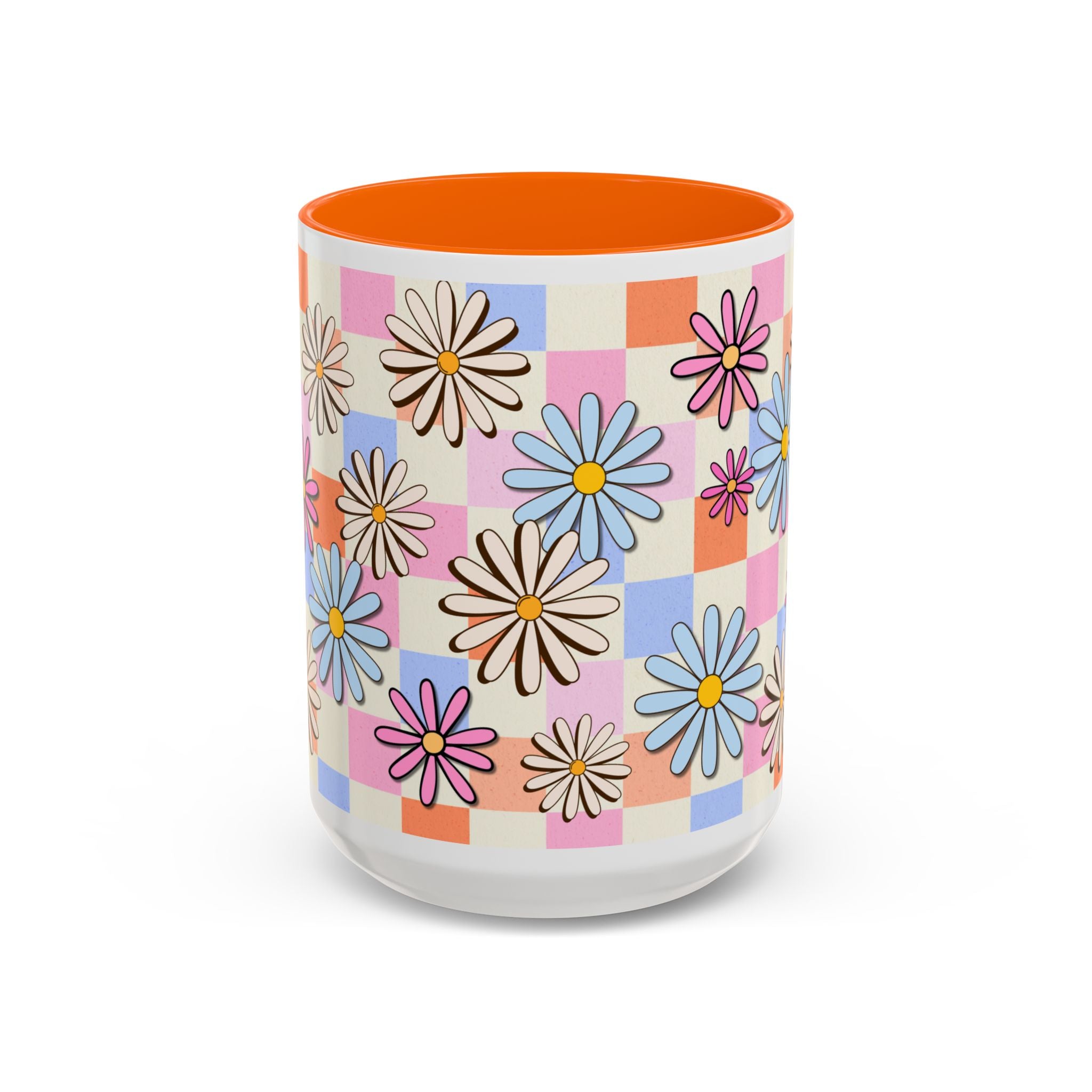 Retro Daisy Checkerboard Accent Coffee Mug — Colorful Floral Ceramic Gift