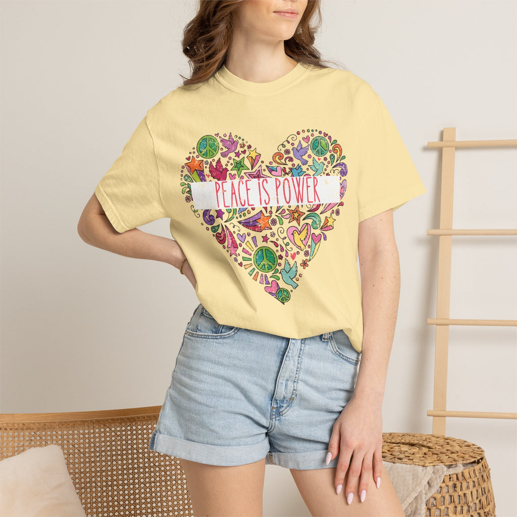 Peace Is Power Heart - distressed design doodle hears peace and doves t-shirt