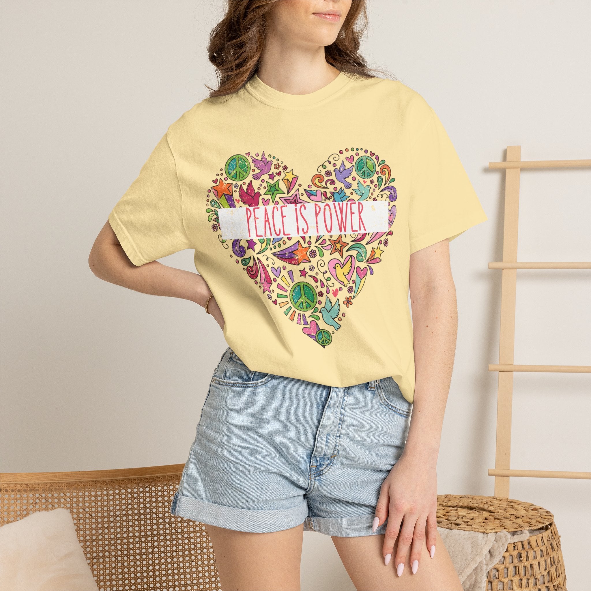Peace Is Power Heart - distressed design doodle hears peace and doves t-shirt