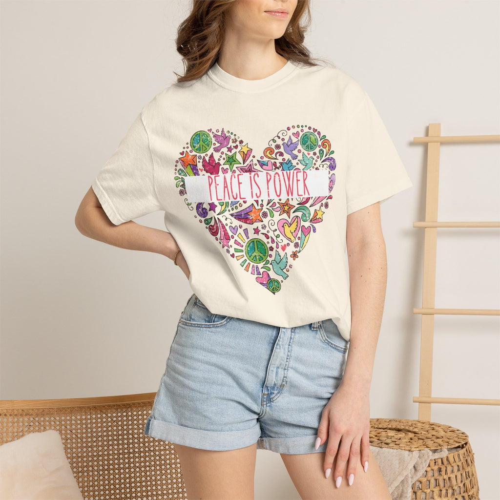 Peace Is Power Heart - distressed design doodle hears peace and doves t-shirt