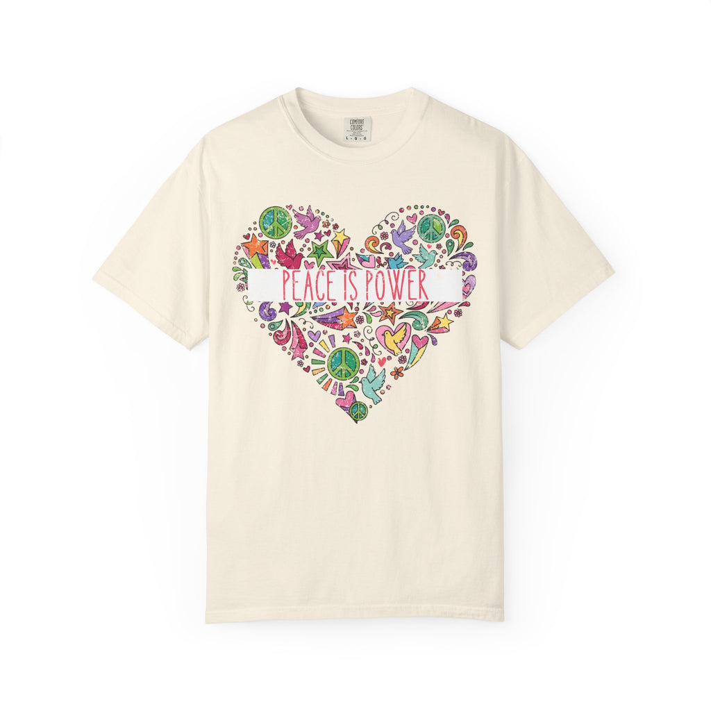 Peace Is Power Heart - distressed design doodle hears peace and doves t-shirt