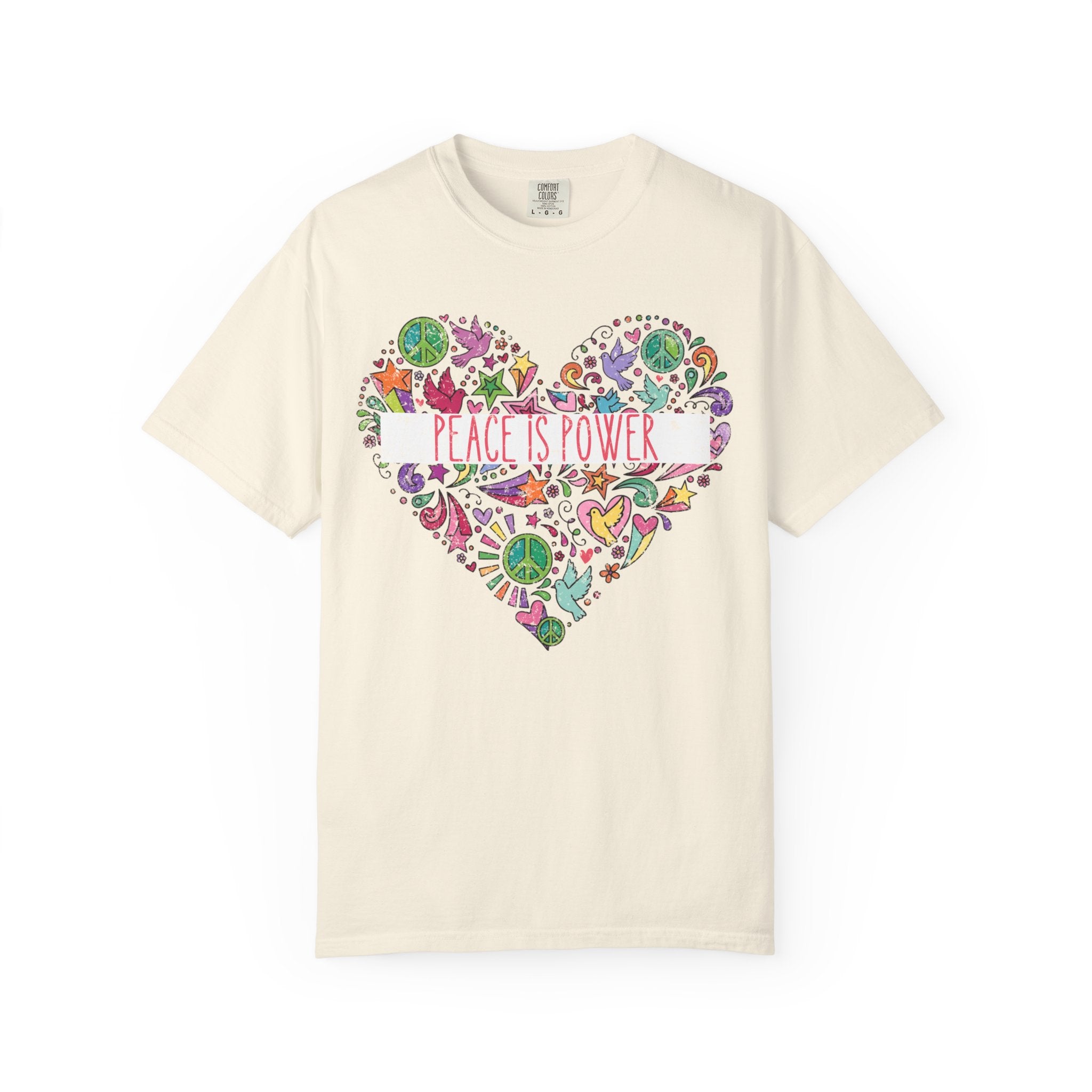 Peace Is Power Heart - distressed design doodle hears peace and doves t-shirt