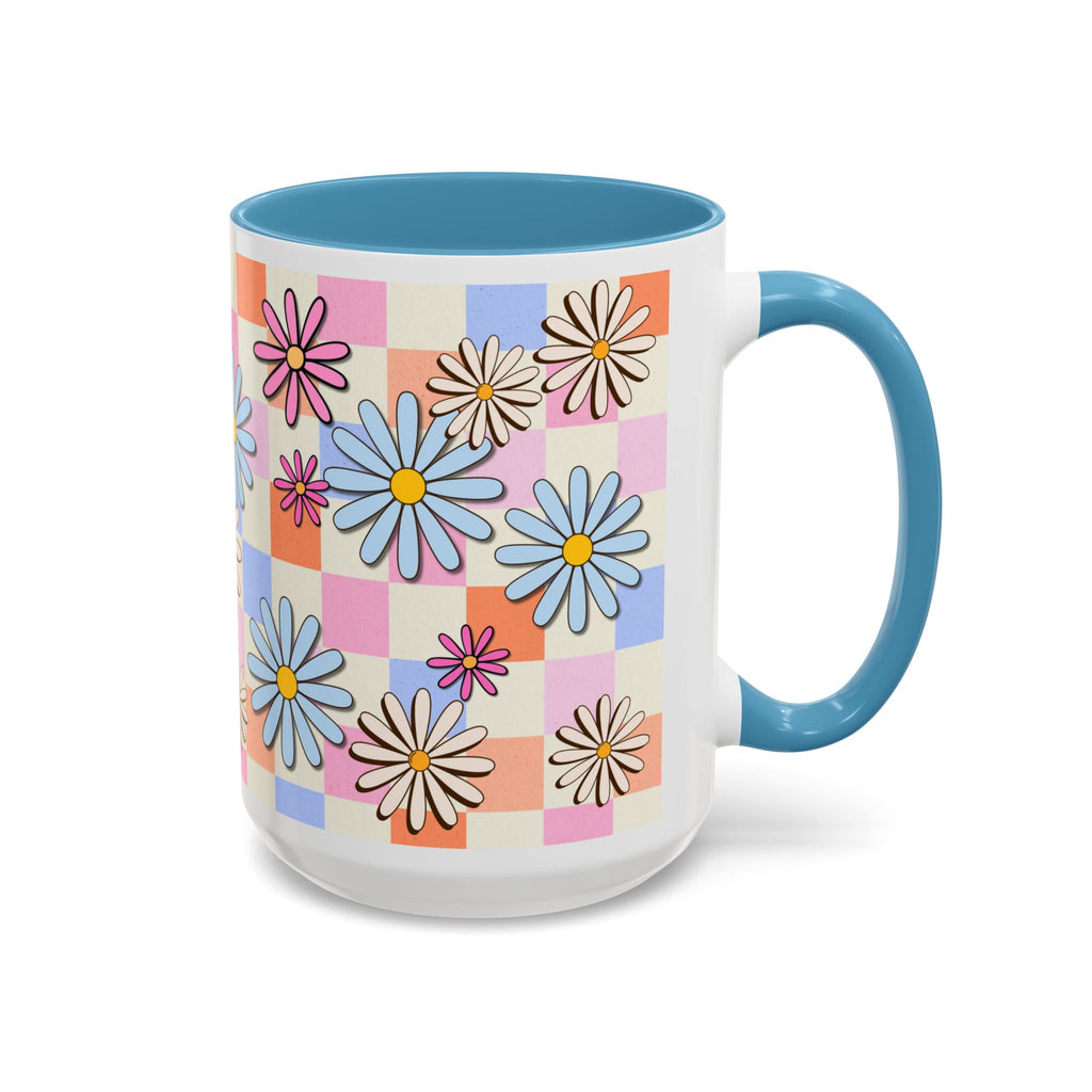 Retro Daisy Checkerboard Accent Coffee Mug — Colorful Floral Ceramic Gift