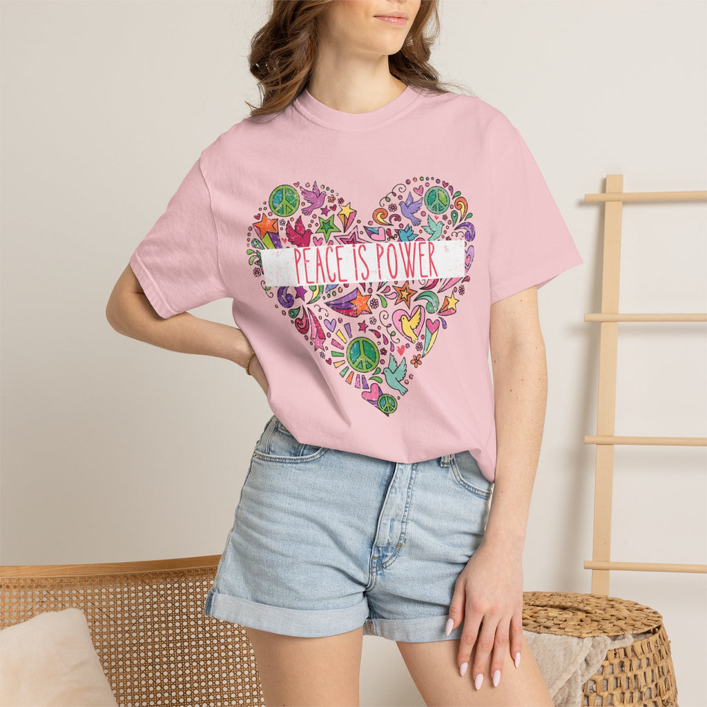 Peace Is Power Heart - distressed design doodle hears peace and doves t-shirt