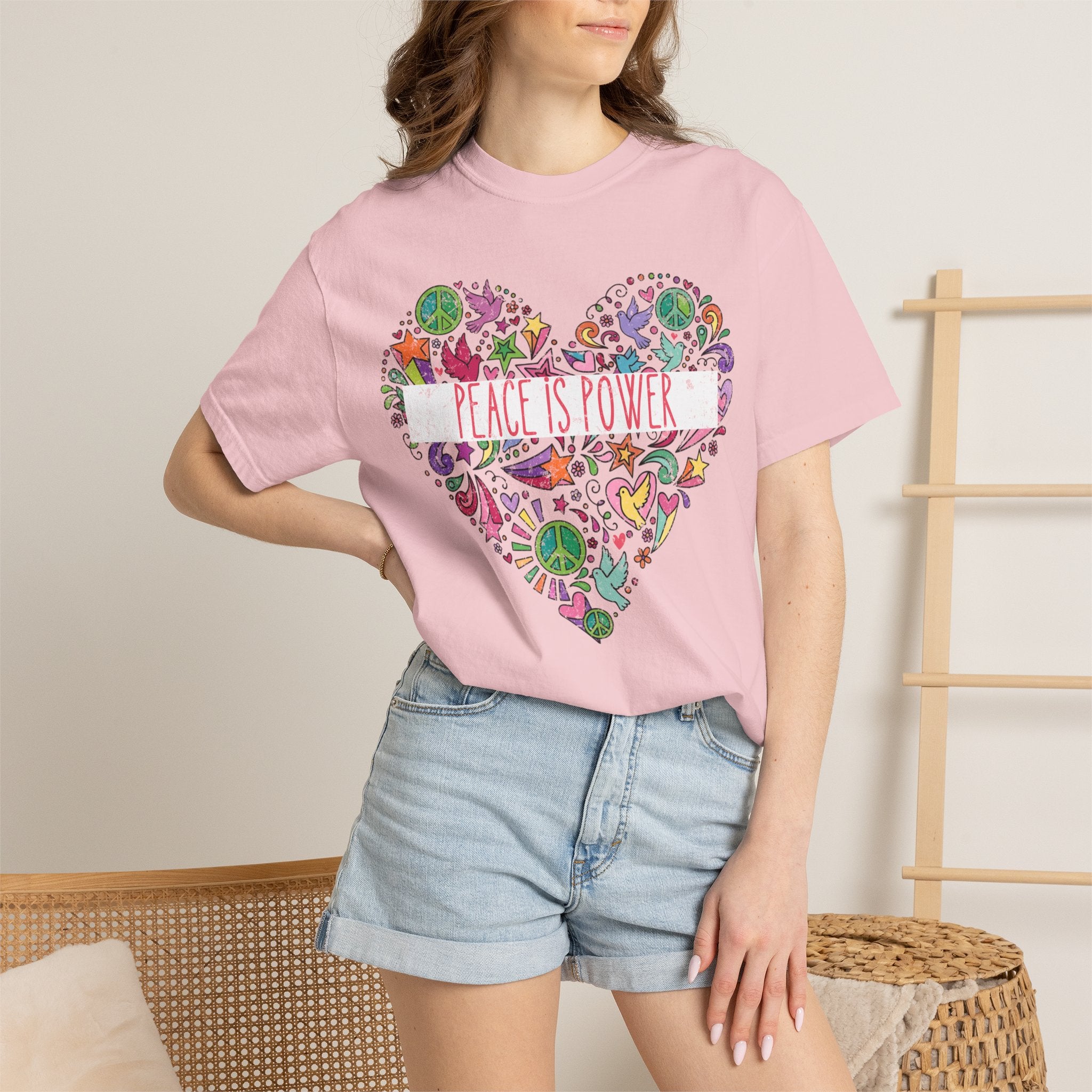 Peace Is Power Heart - distressed design doodle hears peace and doves t-shirt