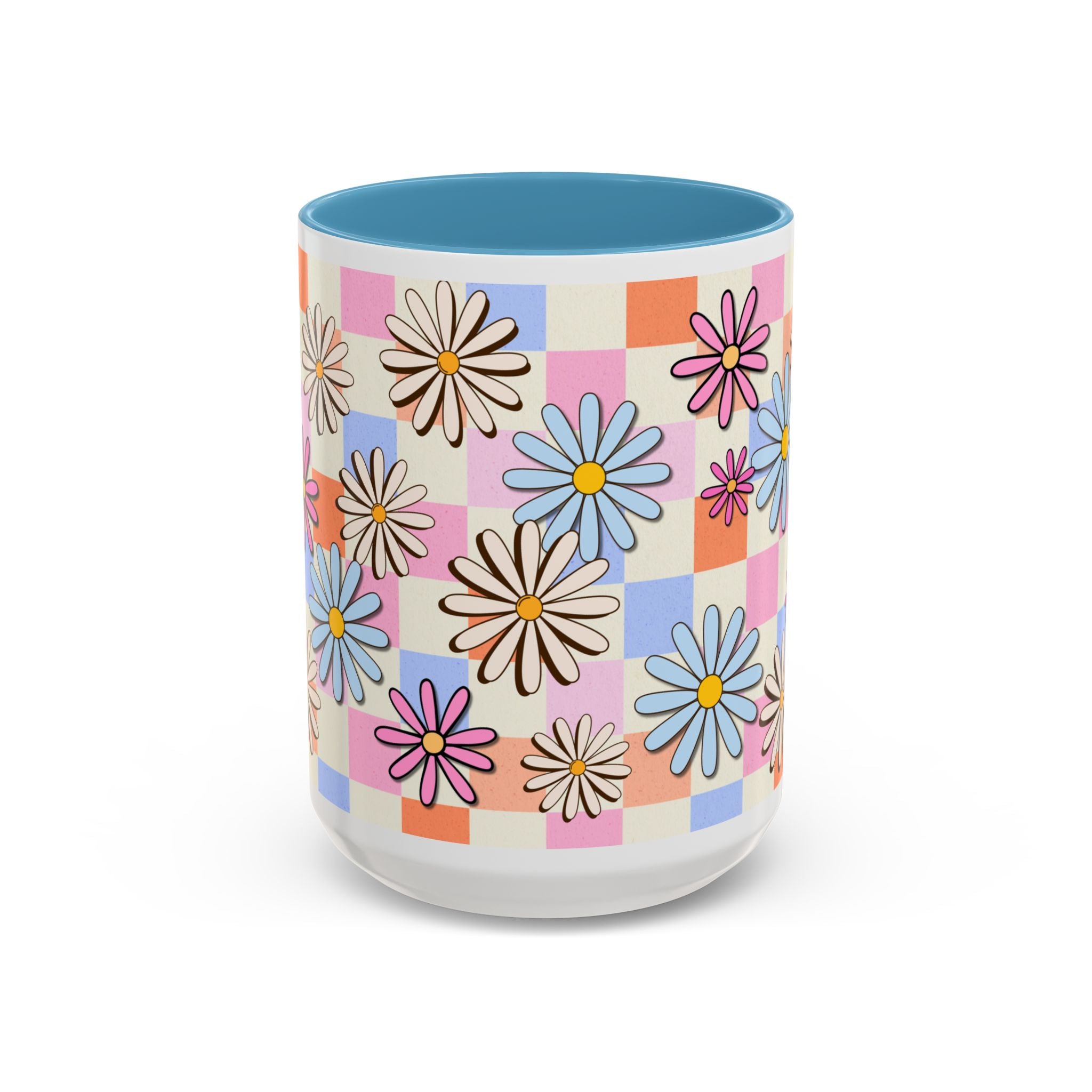 Retro Daisy Checkerboard Accent Coffee Mug — Colorful Floral Ceramic Gift