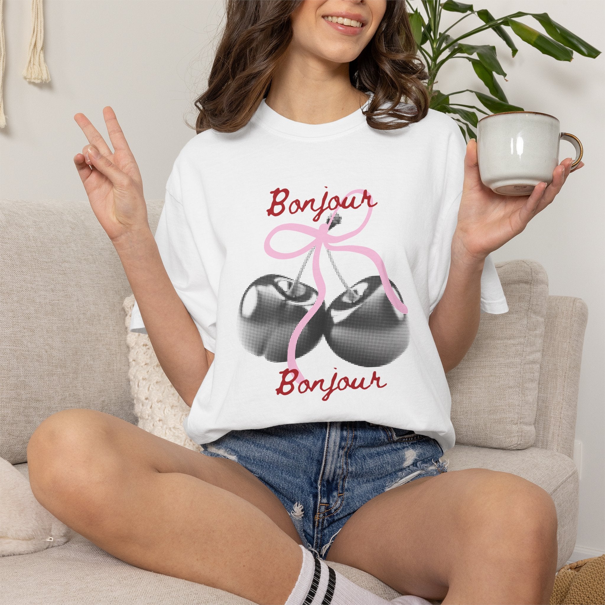 Bonjour T‑Shirt with cherry print, summer tee