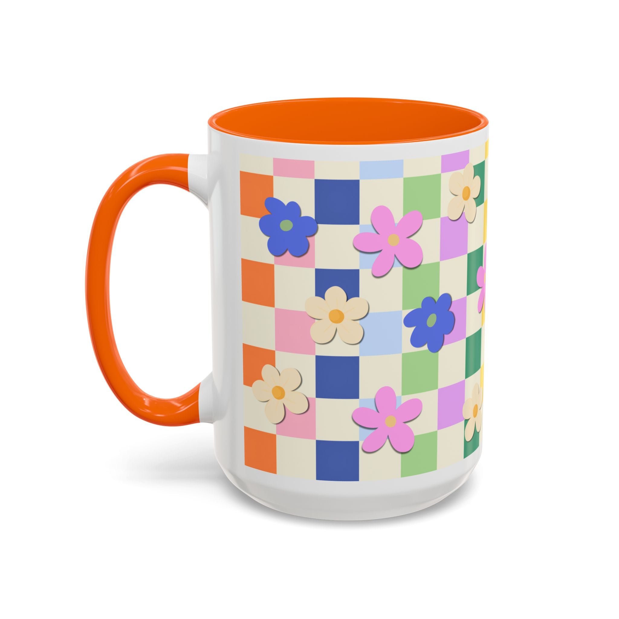 Floral Checkerboard Accent Coffee Mug — Colorful Retro Flower Pattern (11/15oz)