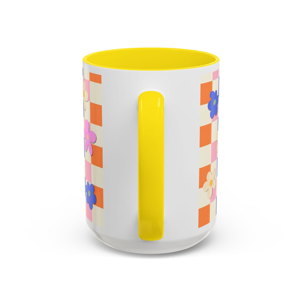 Floral Checkerboard Accent Coffee Mug — Colorful Retro Flower Pattern (11/15oz)