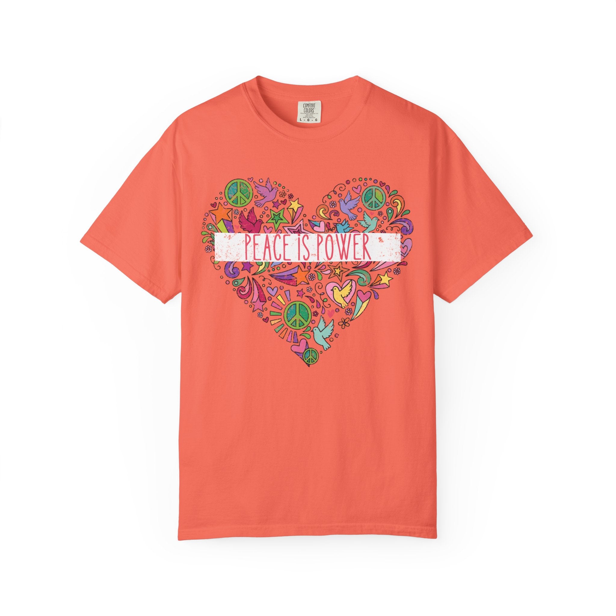 Peace Is Power Heart - distressed design doodle hears peace and doves t-shirt