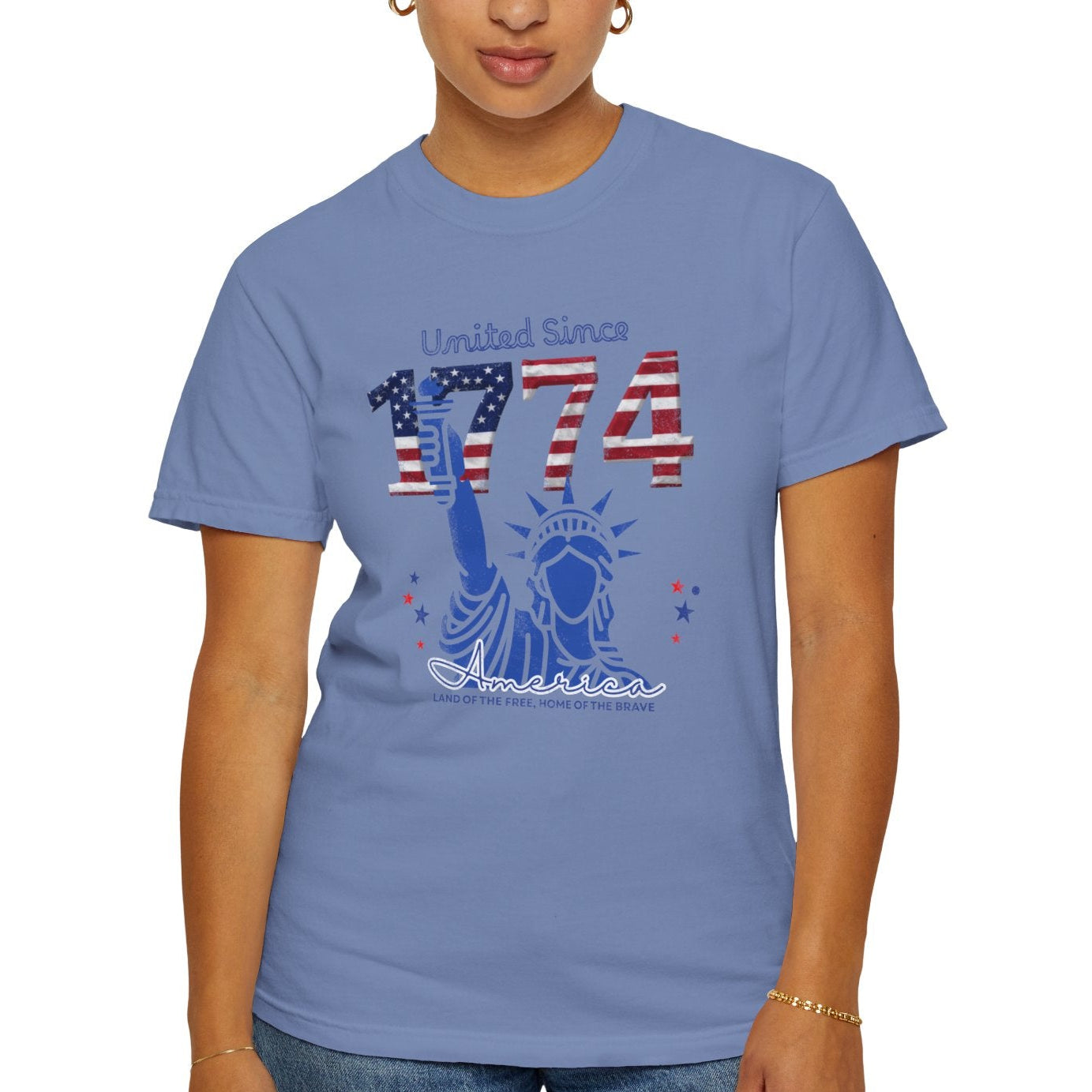 statue of liberty with 1774 American Flag numbers and words united since 1774 America