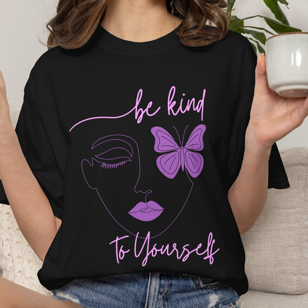 black t shirt with a butterfly design and a "be kind to yourself" message