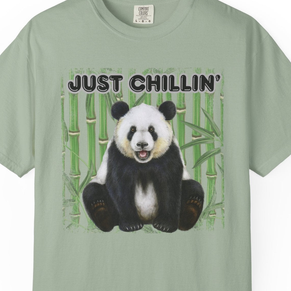 t-shirt with smiling panda, bamboo and " Just Chillin' " written on top