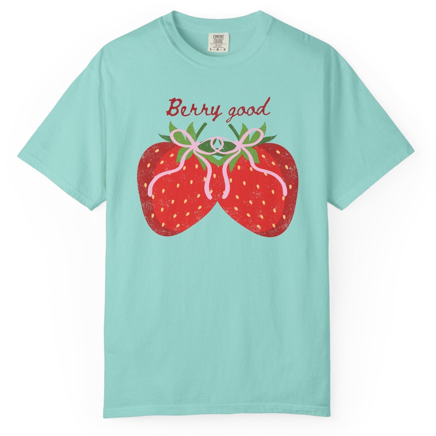 Berry good print t-shirt with two strawberries with a bow, slightly distressed design 